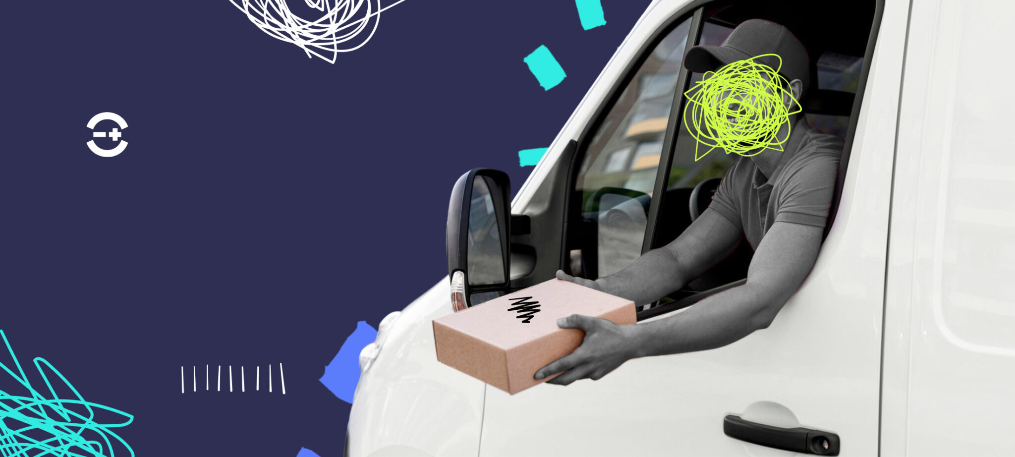 Delivery driver handing package from white van, ecommerce fulfillment