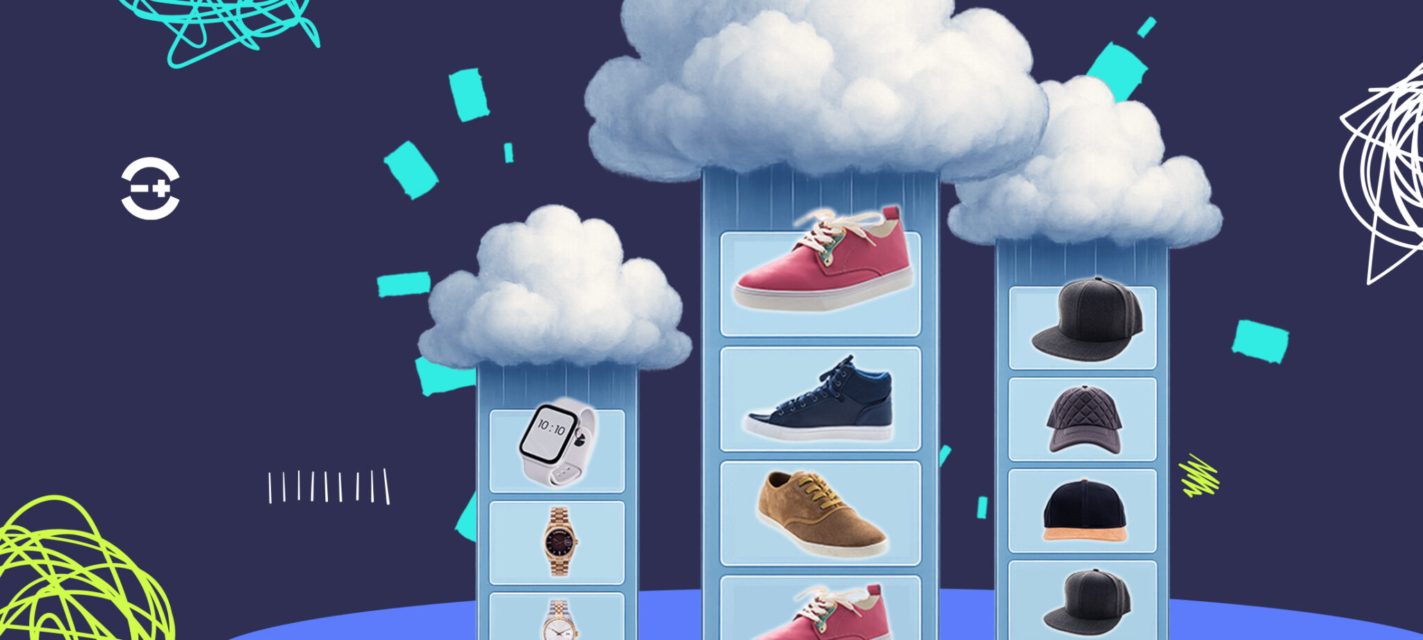 Fashion accessory selection game interface with shoes, watches, and hats under clouds