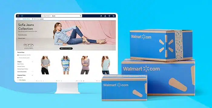 Walmart Marketplace is displayed on a computer screen and Walmart boxes.