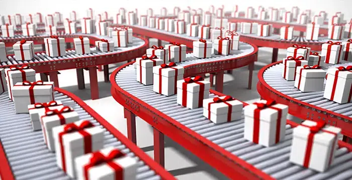 A line with red and white presents.