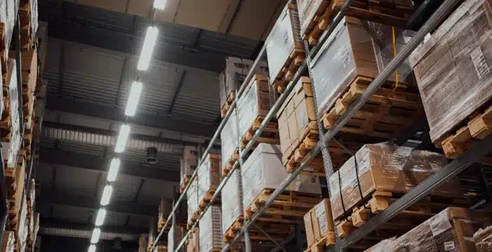 Inventory on shelves in a warehouse.