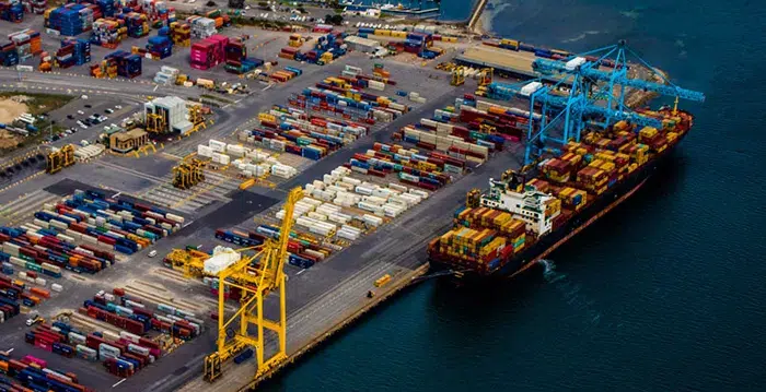 A high angle view of a docked ship.