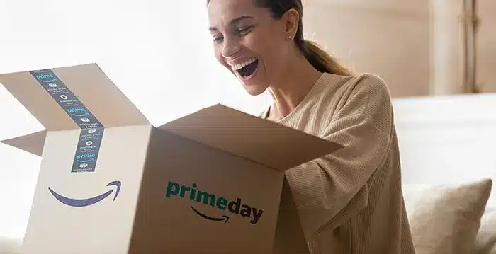 A customer opening up an Amazon Prime box on Prime Day.