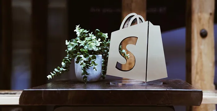 A vase with a plant in it and a shopping card.
