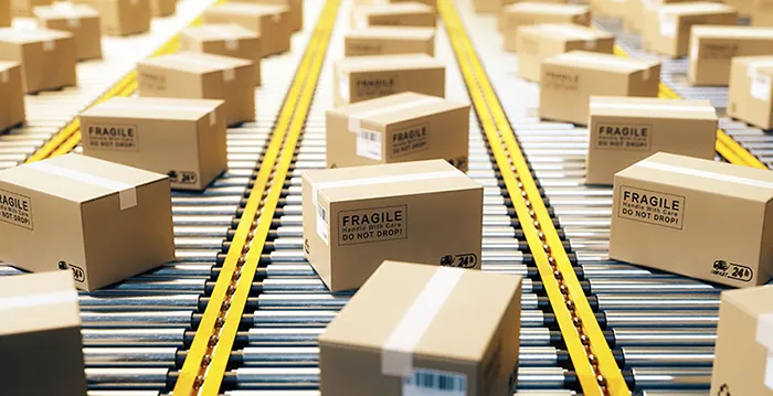 A package on a conveyer belt.