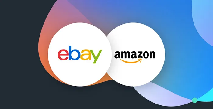 eBay and Amazon logos in white circles.