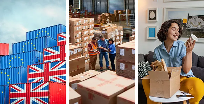 Container bins workers working in a warehouse and a customer opening up a package.
