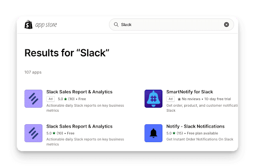a search for slack in the shopify app store