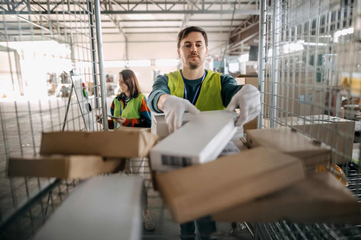 Warehouse workers moving packages while batch picking