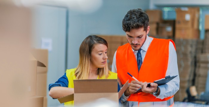 Colleagues carrying out inventory audit in warehouse