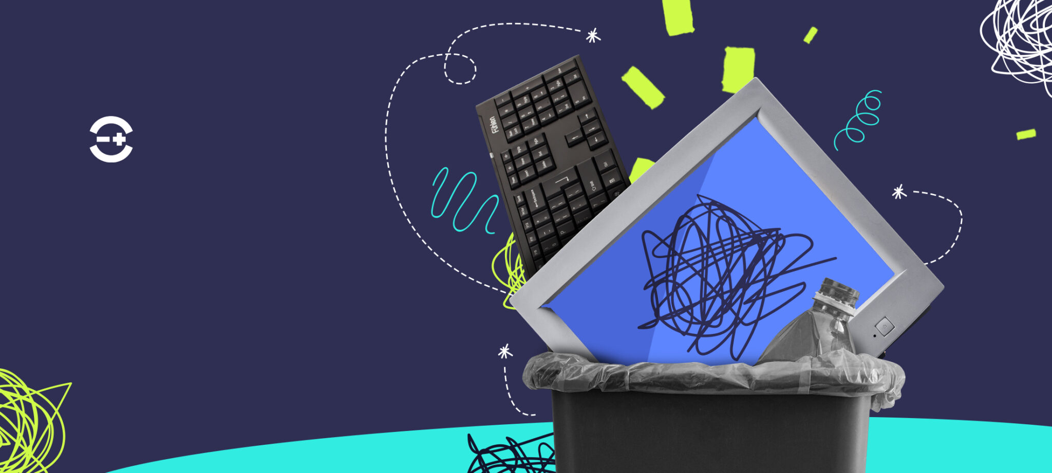 Old computer monitor and keyboard discarded in a trash bin, symbolizing outdated technology on a dark blue abstract background. The Linnworks logo is in the top left corner. This image does not contain any overlaid text.