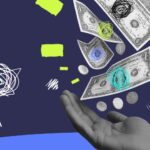 Hand catching illustrated falling US dollar bills and coins, with text that reads 'The most popular online payment methods in 2025' on a dark blue background with abstract graphic elements.