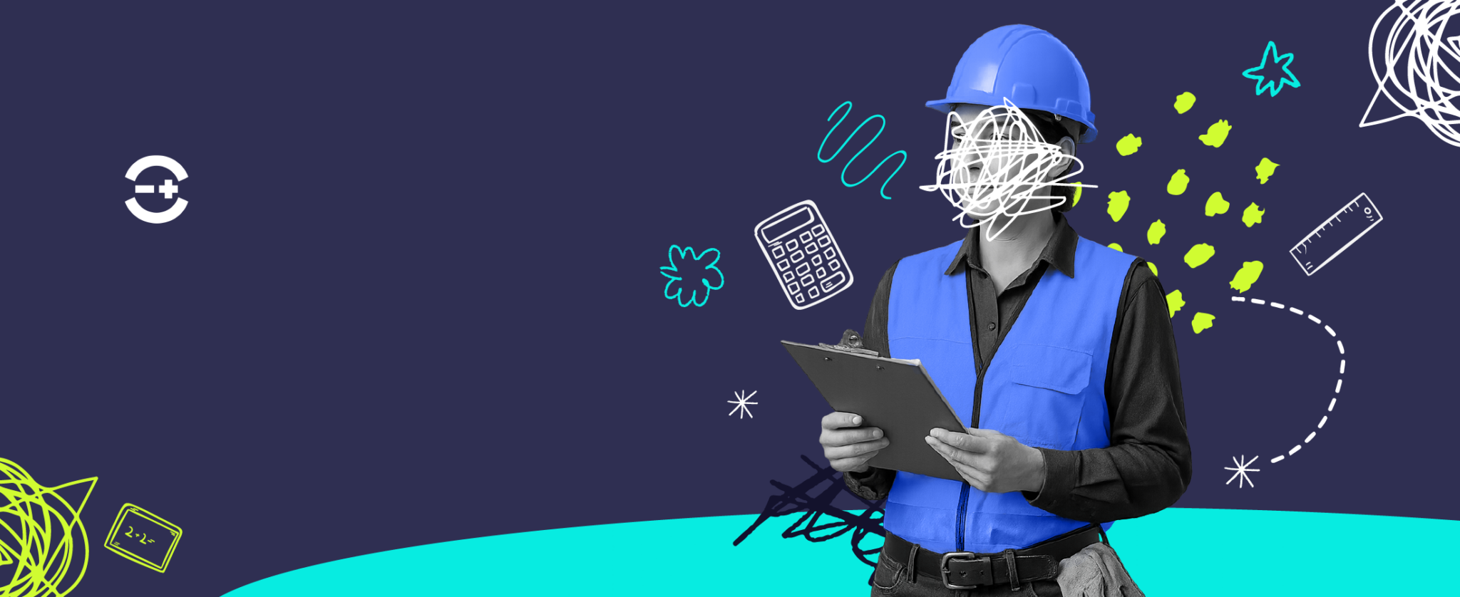 Construction or manufacturing worker in a blue hard hat and vest holding a clipboard, surrounded by illustrated design elements like a calculator, ruler, and abstract scribbles on a dark background. This image does not contain any overlaid text.