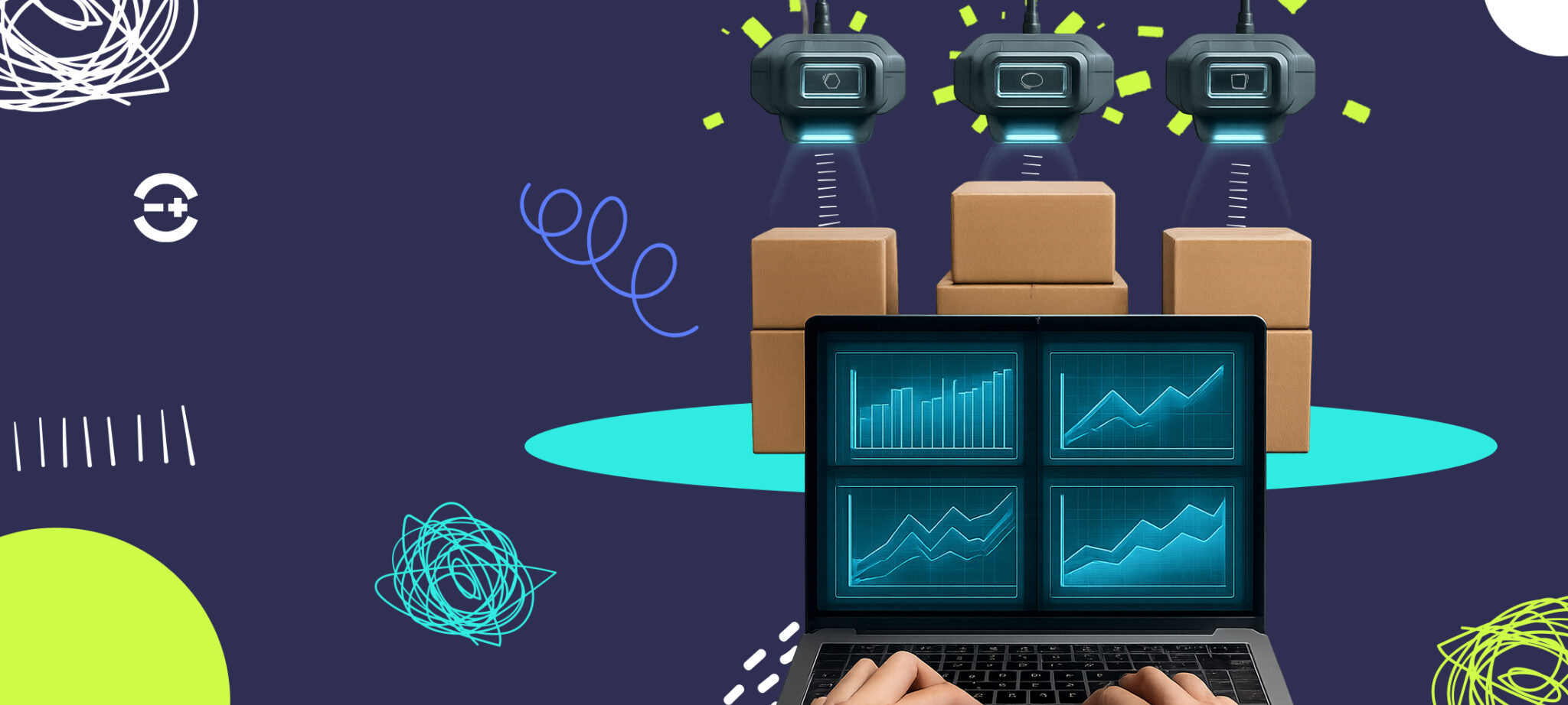 Automated inventory management system with robotic scanners, boxes, and data analysis on a laptop screen.