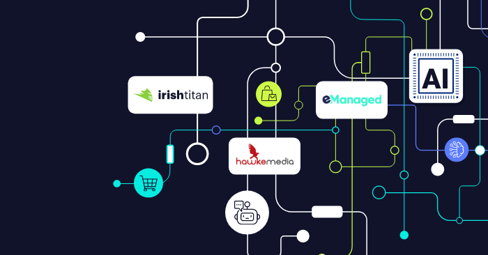 Graphic showing connected partner logos and AI icons, representing integrated technology and automation in stock forecasting and eCommerce management.