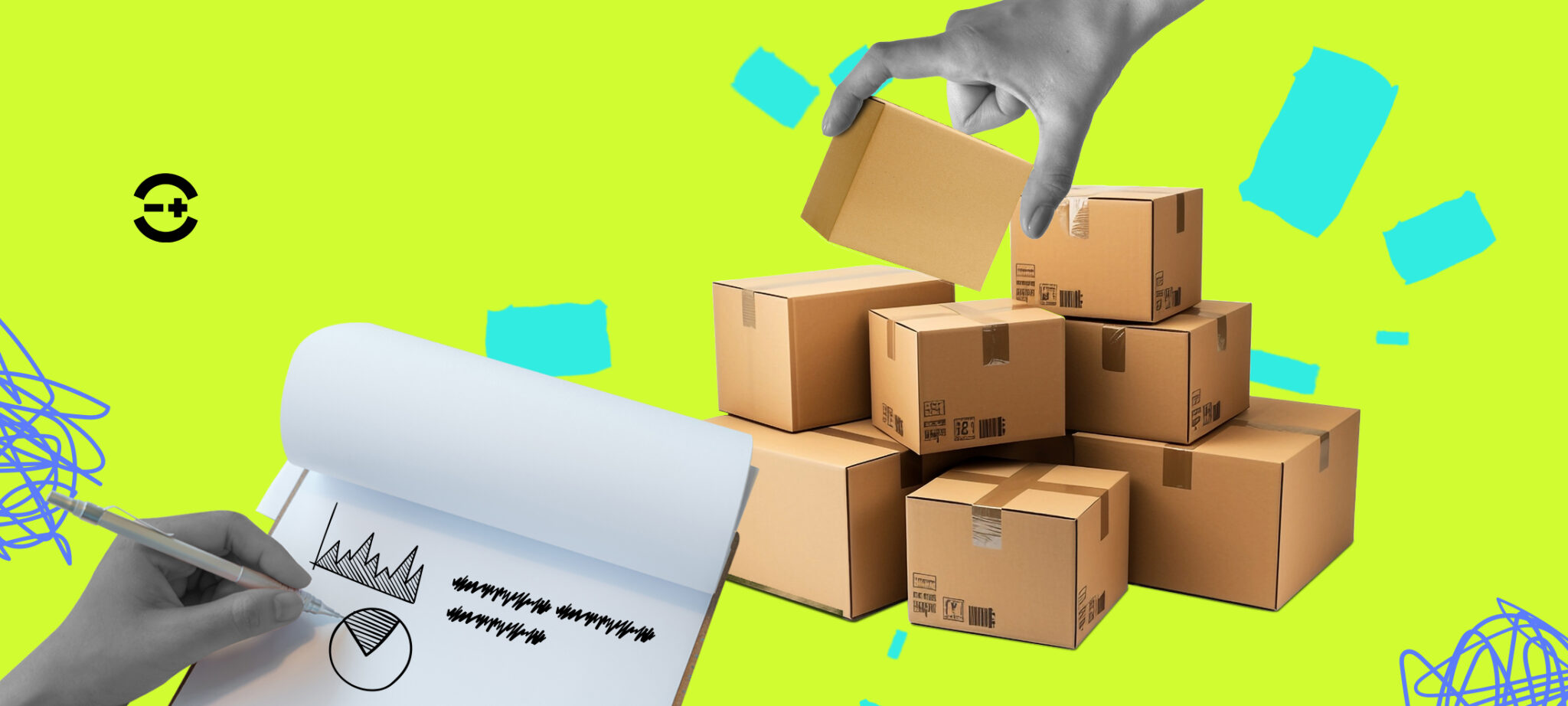 Hand stacking shipping boxes with a notebook showing inventory charts, symbolizing safety stock calculations in supply chain management.