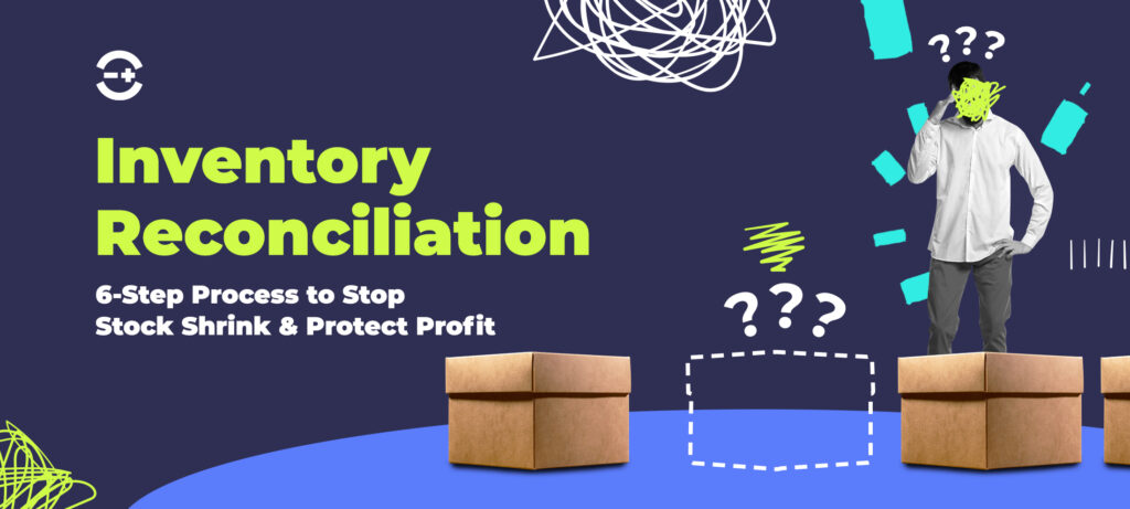 Confused person standing next to empty and filled boxes with the text "Inventory Reconciliation: 6-Step Process to Stop Stock Shrink & Protect Profit".