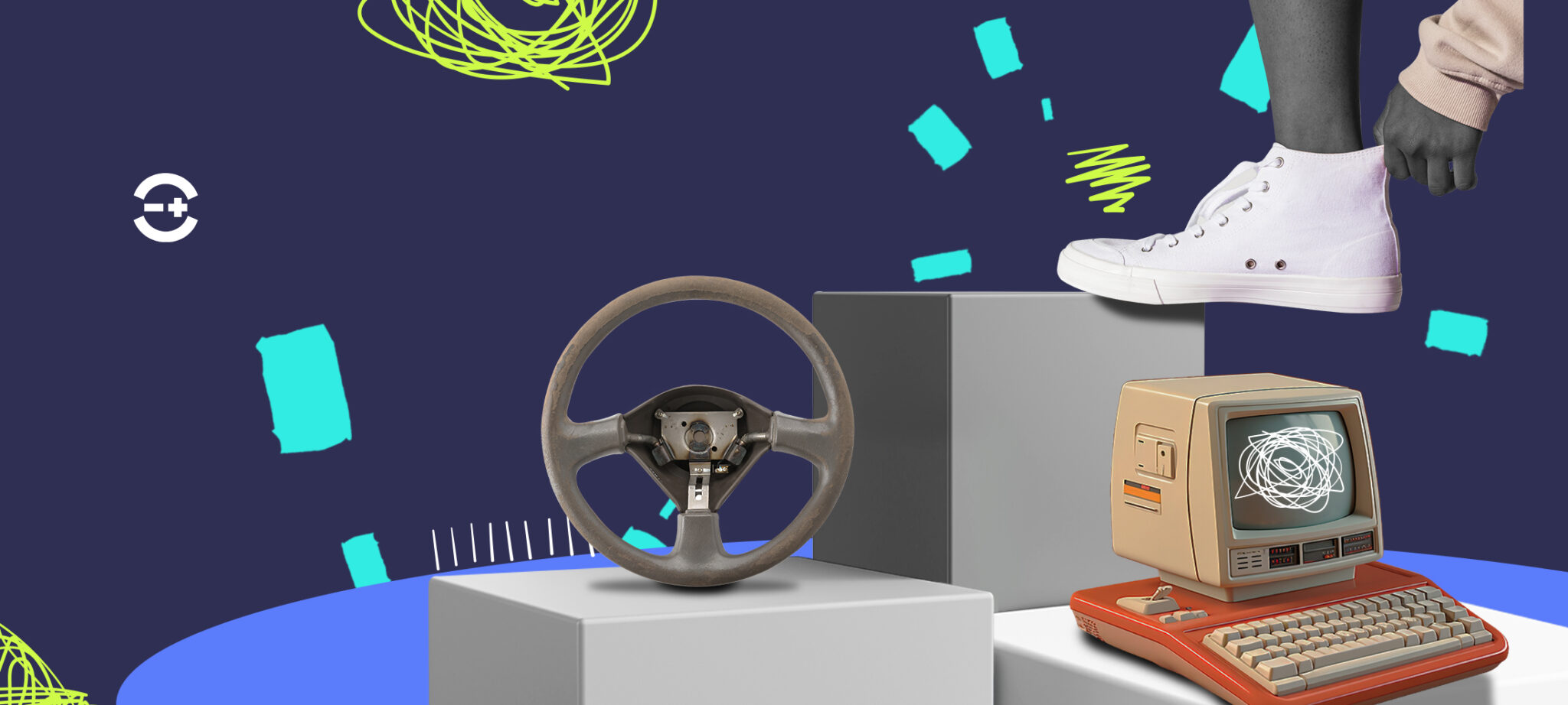 eBay reselling products visualized – vintage computer, car steering wheel, and white sneaker on display blocks