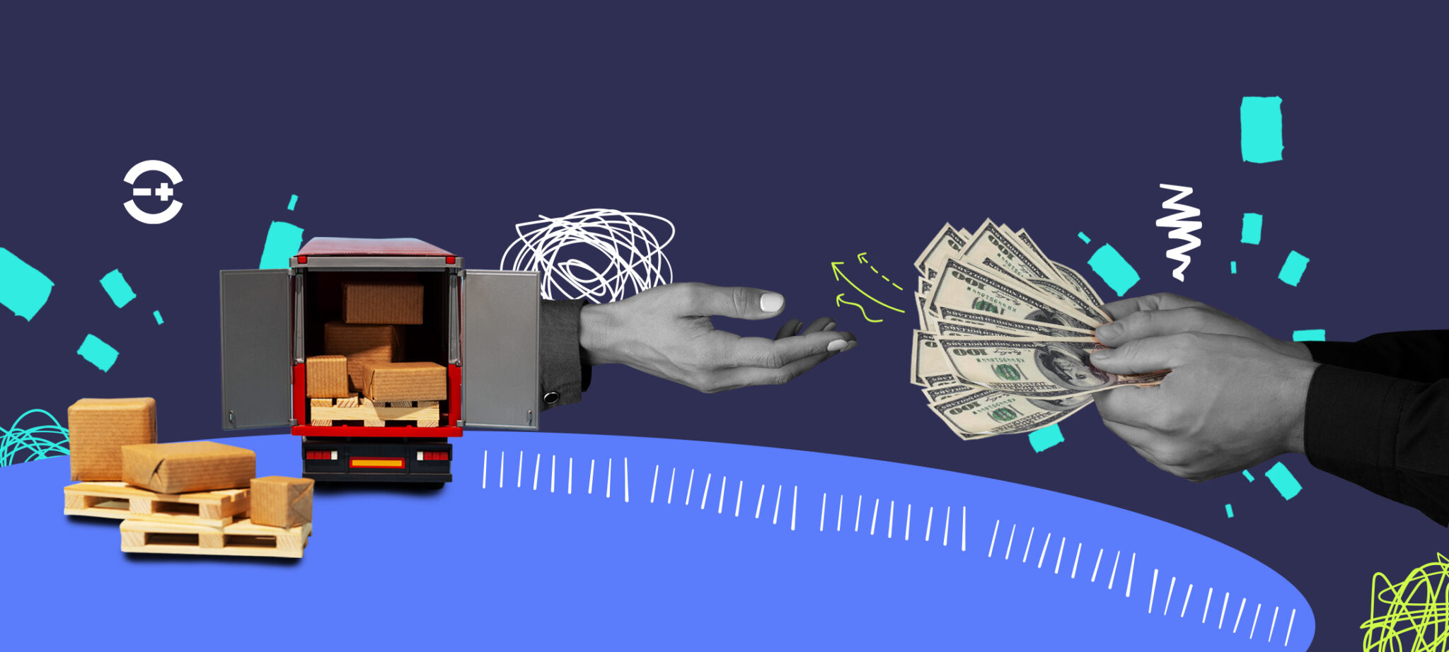 Ecommerce shipping cost graphic – delivery truck with packages, hand offering money, symbolizing shipping expenses and cost reduction