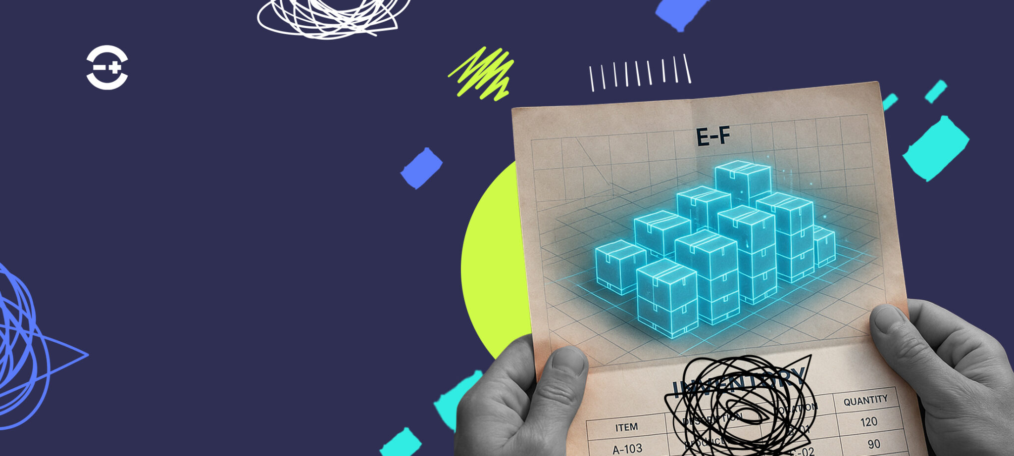 Hands holding a printed warehouse inventory sheet with a digital 3D layout of stacked boxes, representing inventory management and stock visibility.