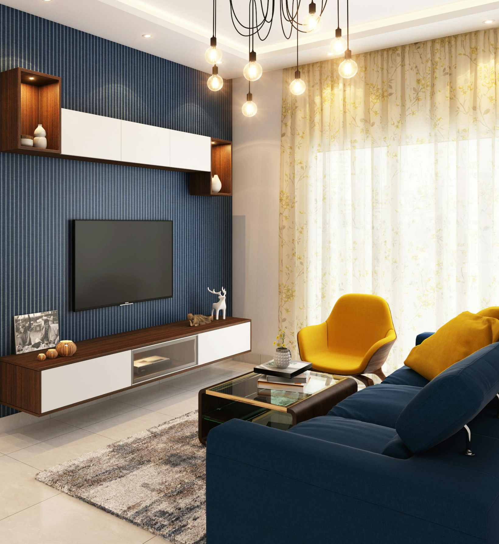 Modern living room interior with a blue sofa, yellow armchair, wall-mounted TV, and stylish lighting fixtures.