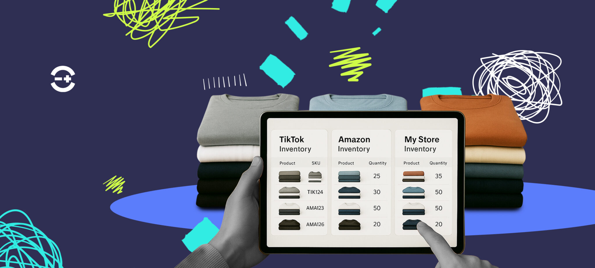 Tablet displaying synced inventory levels for TikTok, Amazon, and an ecommerce store, surrounded by stacks of folded clothing products.