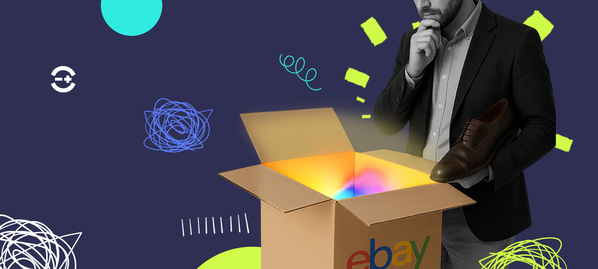 Opportunities for selling on eBay in 2025: a thoughtful man and a glowing eBay box.