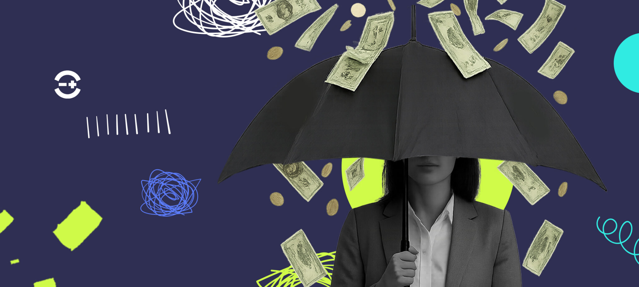 Retailer protected from falling money (representing financial risks) by an umbrella, symbolizing effective inventory forecasting.