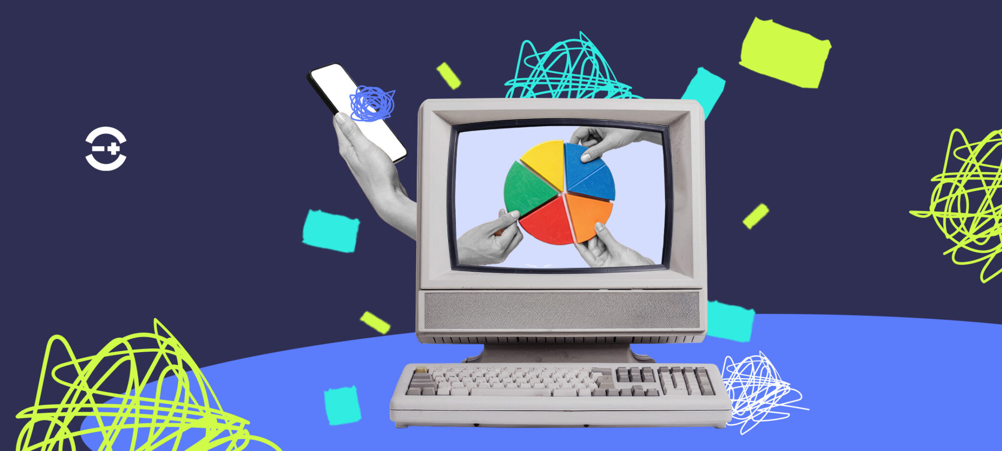 A retro beige computer displaying a pie chart being adjusted by hands, with a hand holding a smartphone to the left, set against a dark blue background with abstract colorful doodles.