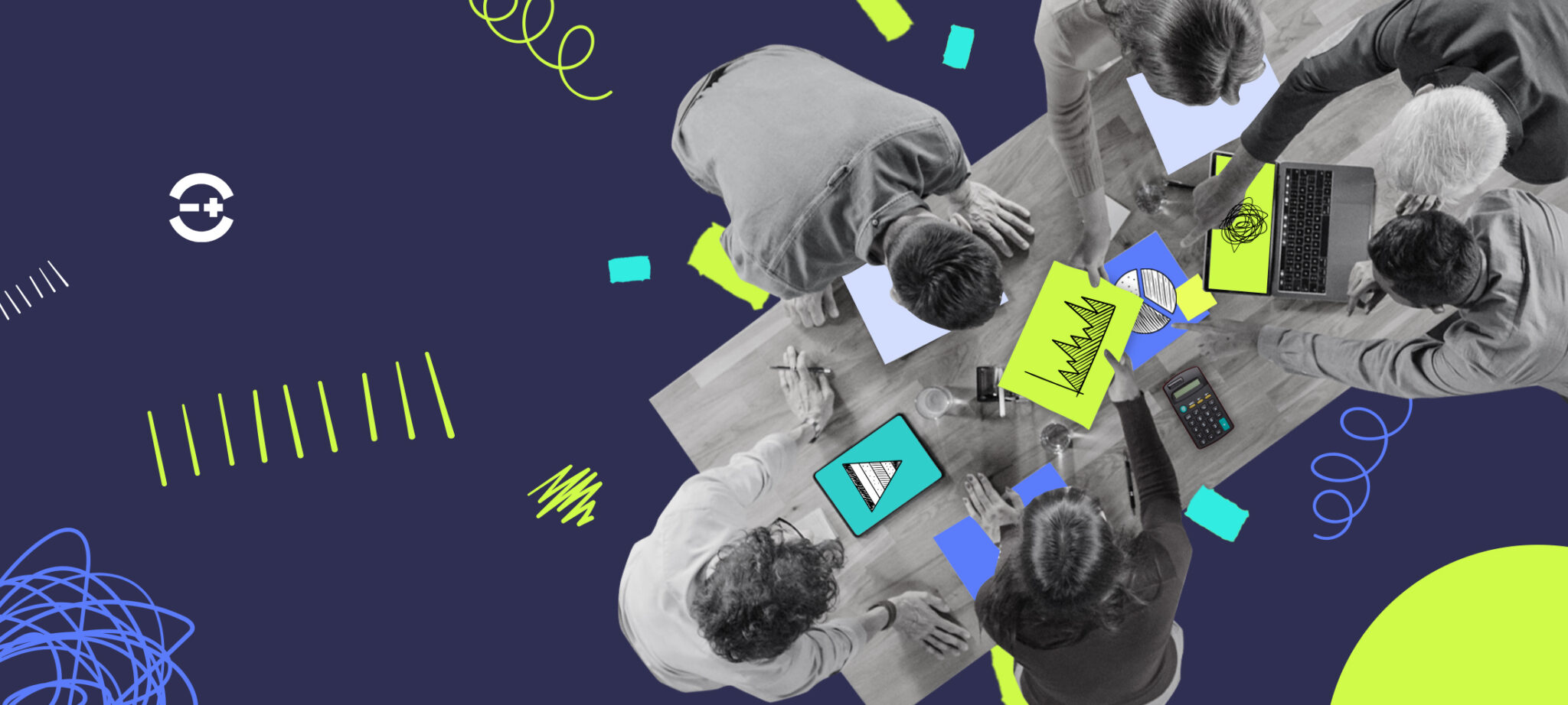 A diverse business team collaborating on a sell-through rate strategy, analyzing data on a laptop and tablet.