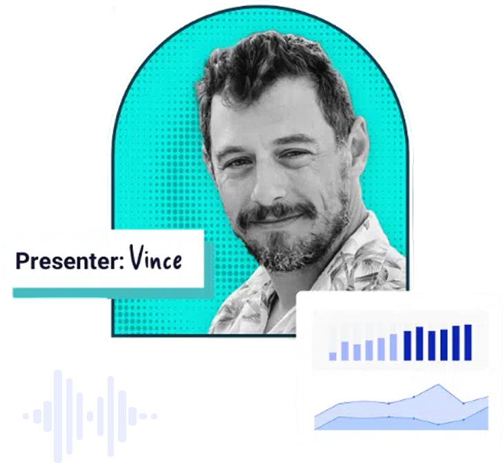 Illustration of presenter Vince with charts and audio wave icons, representing a webinar or discussion about eCommerce or multichannel listing strategies.