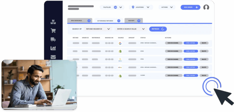 Man working on a laptop with a dashboard showing sales channels and order details, representing multichannel listing and order tracking.