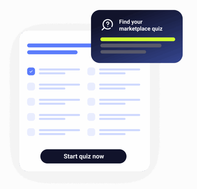 Illustration of an online form with a 'Find your marketplace quiz' prompt and a 'Start quiz now' button.