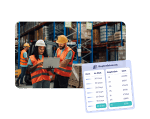 Warehouse workers in safety gear review data on a laptop; below is a replenishment table with item risk and cost details.