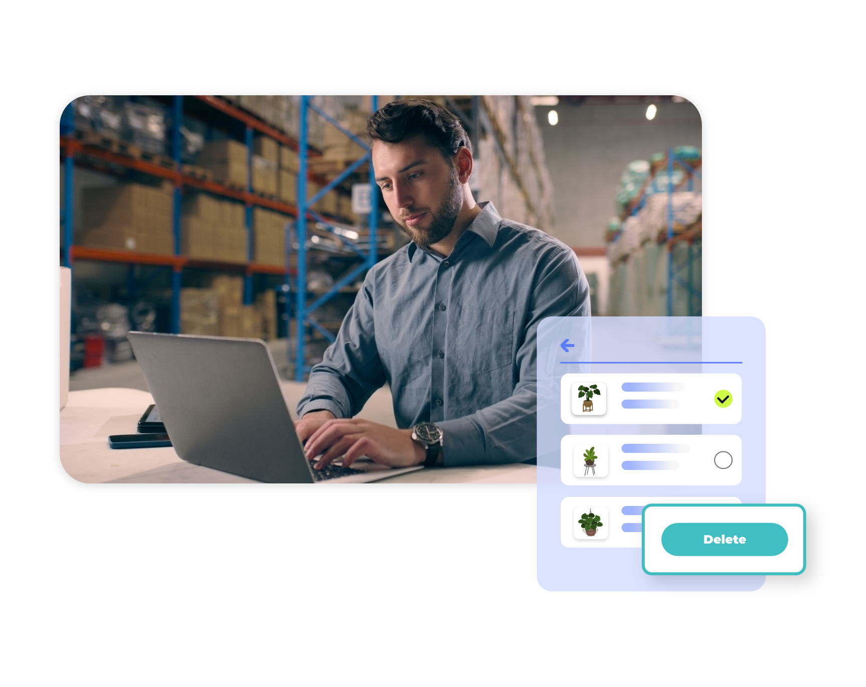 Man working on a laptop in a warehouse, managing product listings and inventory with options to update or delete items in a multichannel listing system.