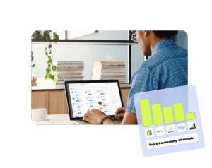 Person managing product listings on a laptop, with a chart showing top-performing sales channels like Shopify, eBay, Walmart, OnBuy, and BigCommerce, representing multichannel listing performance.