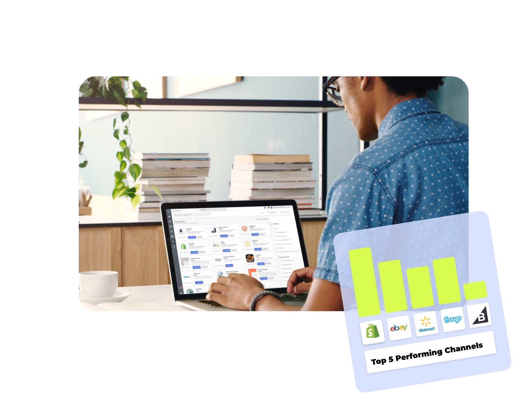 Person managing product listings on a laptop, with a chart showing top-performing sales channels like Shopify, eBay, Walmart, OnBuy, and BigCommerce, representing multichannel listing performance.