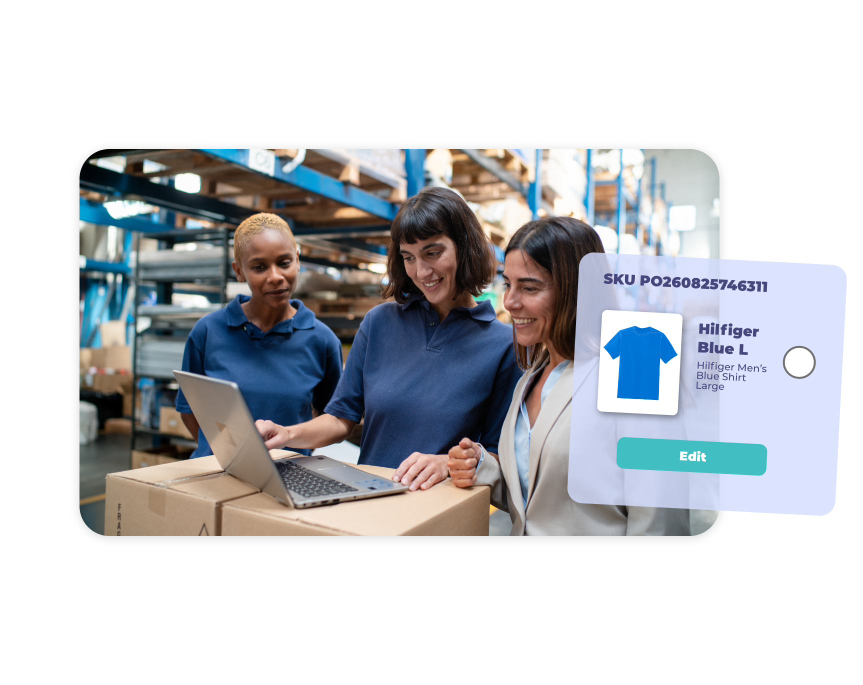Warehouse team reviewing product details on a laptop, editing item information such as SKU and size for a multichannel listing.