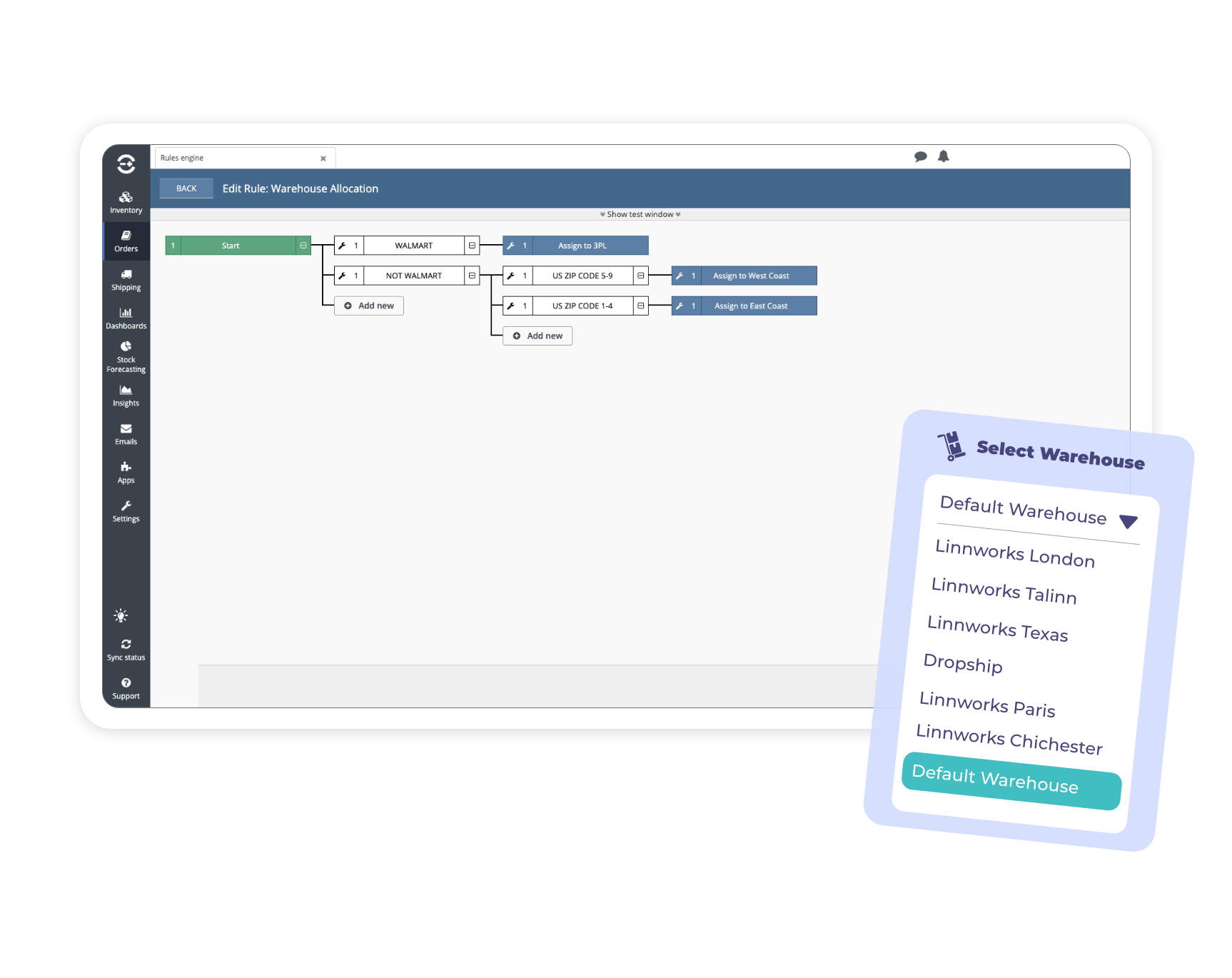 Warehouse management software interface showing rule-based warehouse allocation setup and a dropdown menu for selecting warehouse locations.