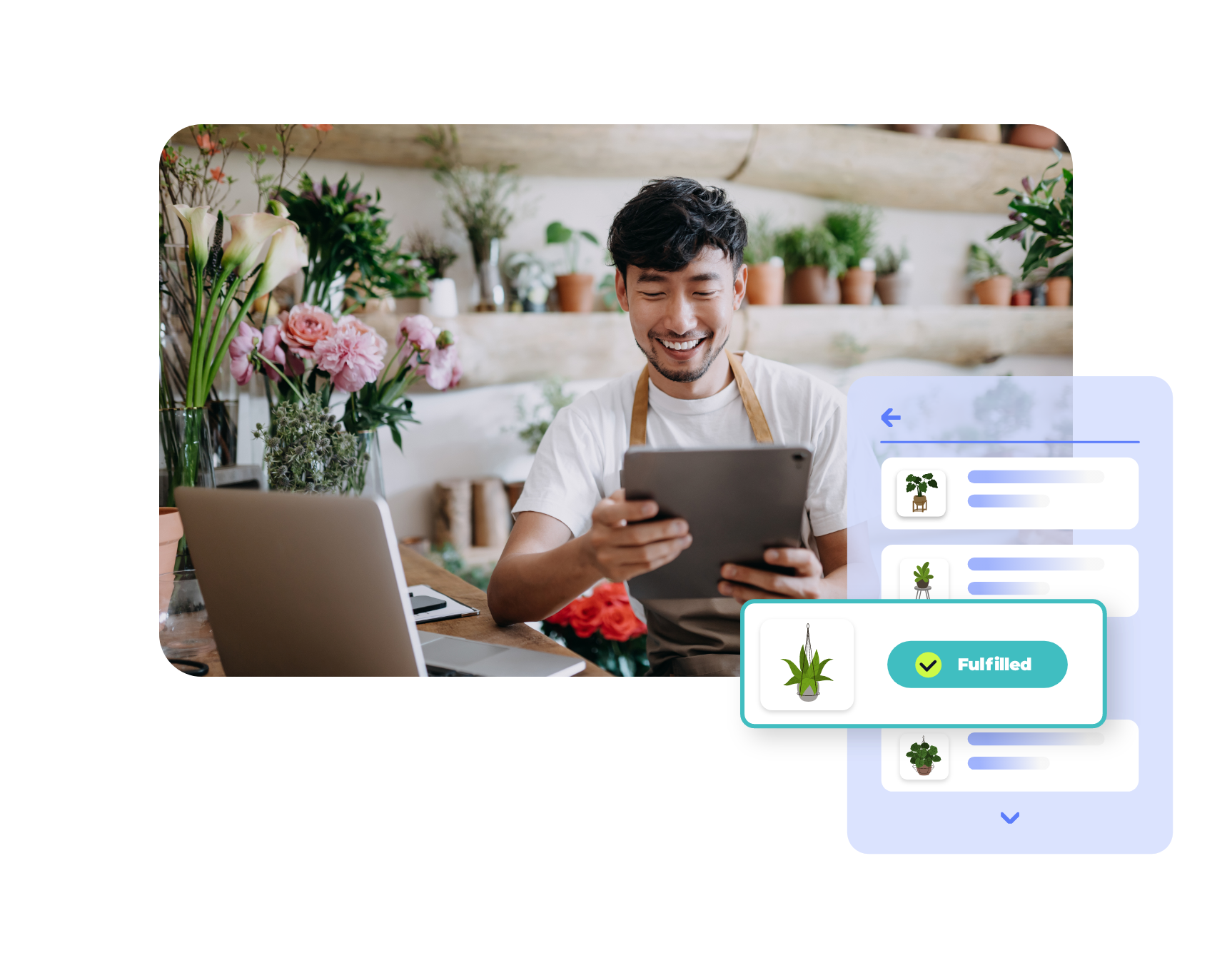 Small business owner managing online plant orders on a tablet, with order management system showing fulfilled status.