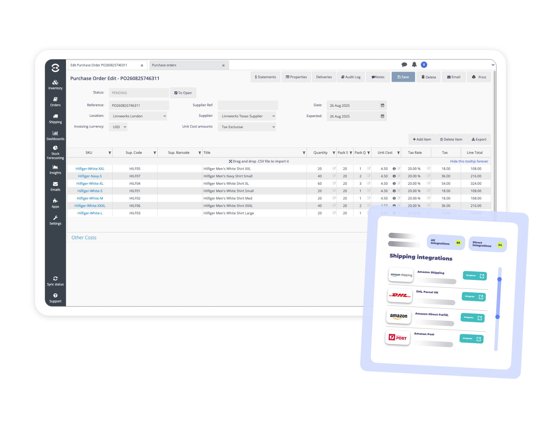 Order management system showing a purchase order dashboard with product details and shipping integrations like DHL, Amazon Shipping, and DPD.