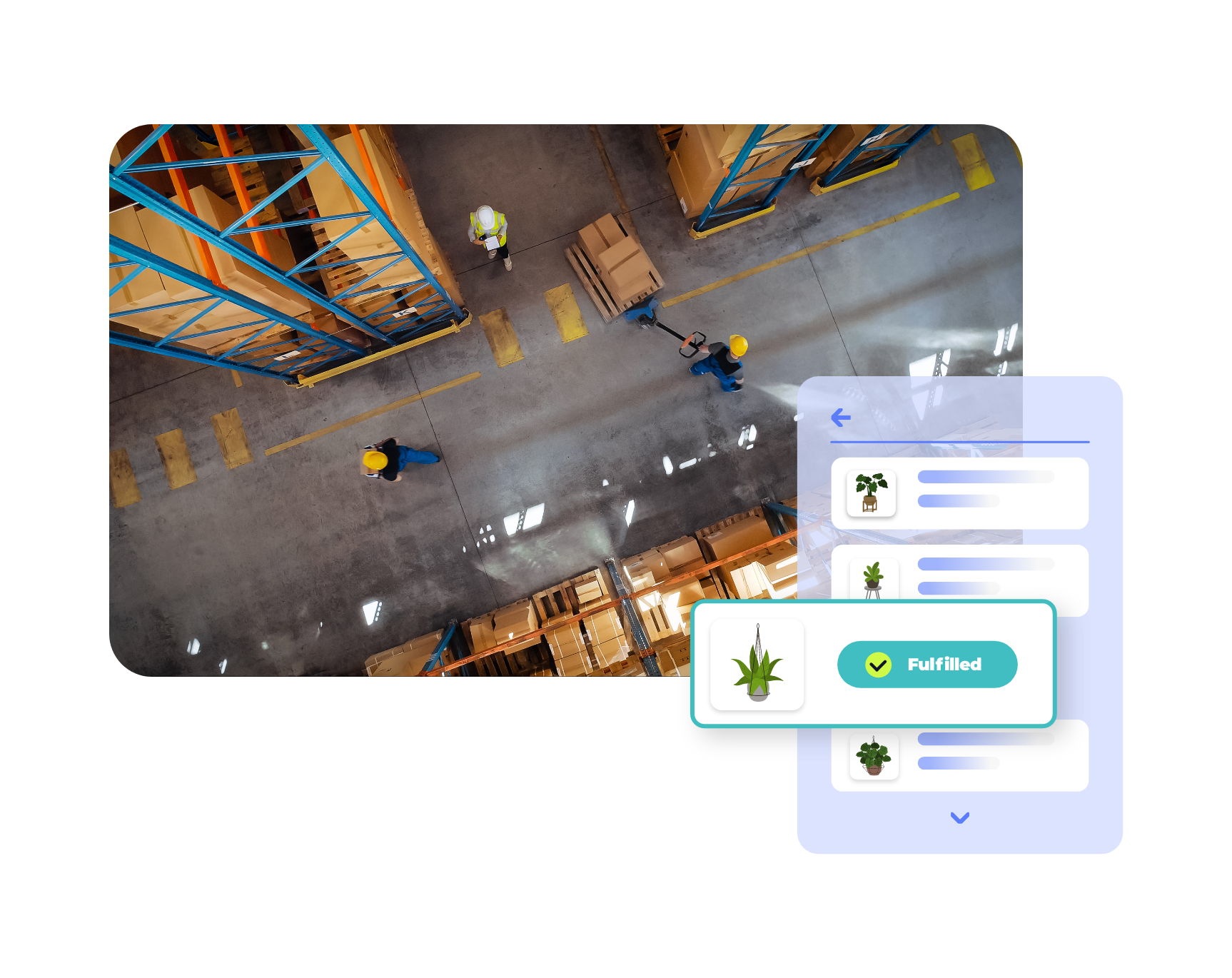 Aerial view of a warehouse with workers among tall shelves of boxes, overlaid with a digital order fulfillment interface showing plant products marked as 'Fulfilled'.