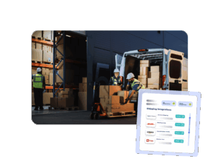 Warehouse workers load boxes into a delivery van using a pallet jack, with shelves in the background and a digital overlay showing shipping integration options like Amazon, DHL, and DPD.