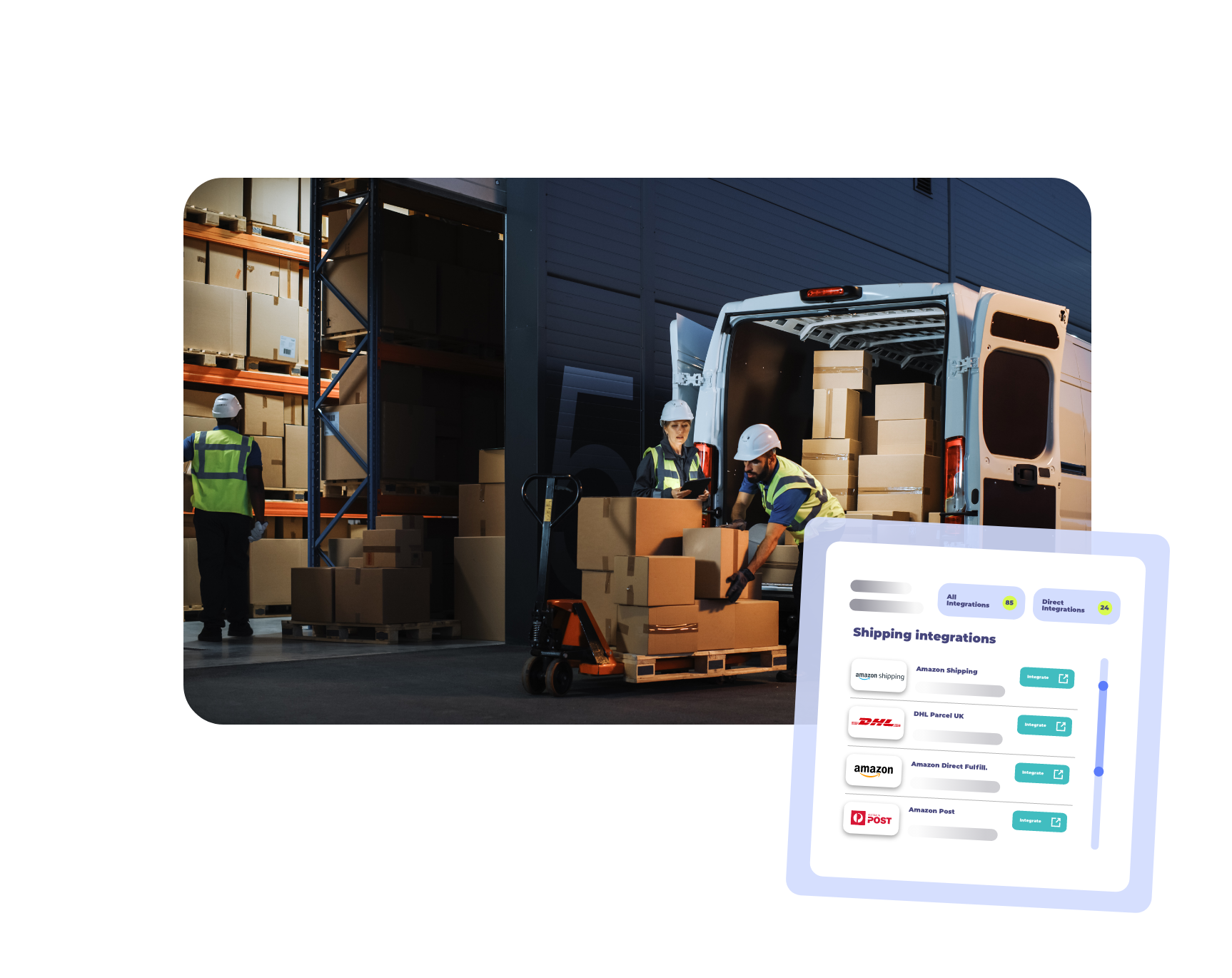 Warehouse workers load boxes into a delivery van using a pallet jack, with shelves in the background and a digital overlay showing shipping integration options like Amazon, DHL, and DPD.