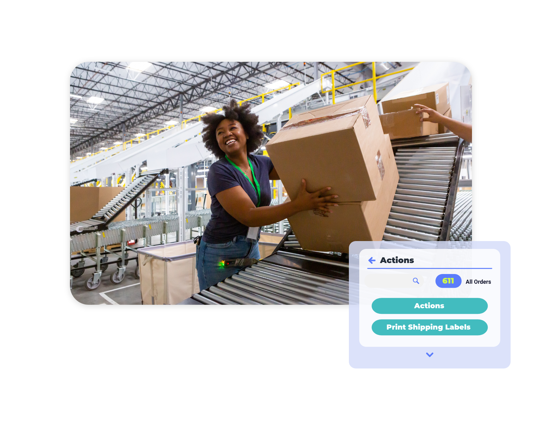 Person handling a large box on a conveyor belt in a warehouse, with shelves in the background and a digital overlay showing shipping actions and order count.