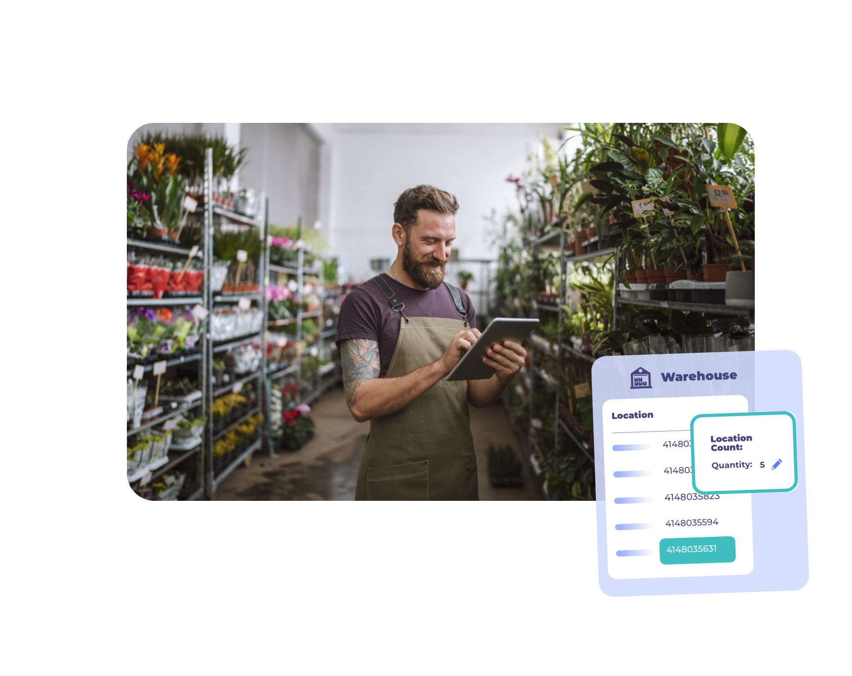 Employee using a tablet to check inventory levels in a plant warehouse, with an overlay showing warehouse location and quantity details for stock forecasting.