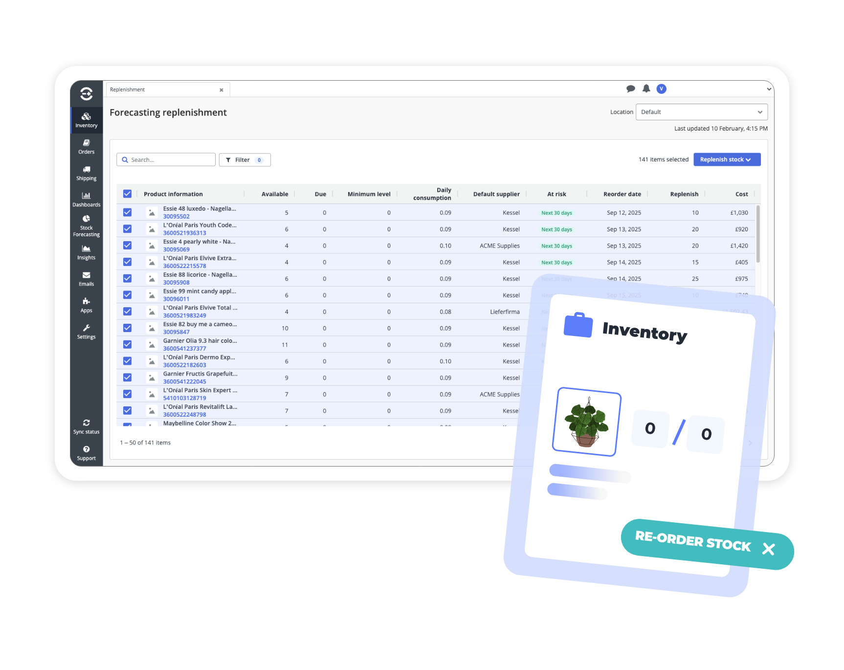System dashboard showing forecasting replenishment data with product availability and reorder alerts for inventory management.