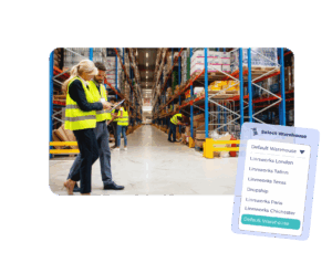 Hero image for Linnworks Warehouse Management System (WMS) showing warehouse staff in high-visibility vests working in a fully-stocked warehouse. An overlay of a 'Select Warehouse' menu with locations like London, Texas, and Paris emphasizes multi-location inventory control, global stock visibility, and streamlined warehouse logistics from a central WMS platform.
