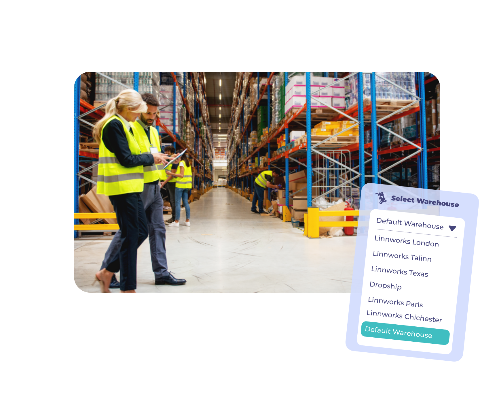 Hero image for Linnworks Warehouse Management System (WMS) showing warehouse staff in high-visibility vests working in a fully-stocked warehouse. An overlay of a 'Select Warehouse' menu with locations like London, Texas, and Paris emphasizes multi-location inventory control, global stock visibility, and streamlined warehouse logistics from a central WMS platform.