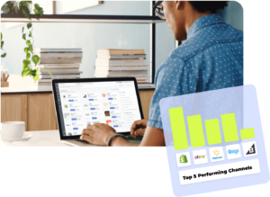 Person managing product listings on a laptop, with a chart showing top-performing sales channels like Shopify, eBay, Walmart, OnBuy, and BigCommerce, representing multichannel listing performance.